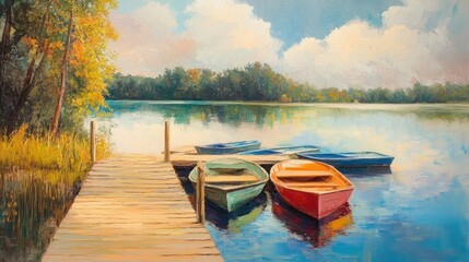 Obraz premium A wooden dock extends into a serene lake with five colorful boats tied to it, surrounded by lush greenery and a clear blue sky