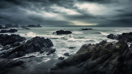 Obraz premium Dark Stormy Seascape with Rocky Coastline and Distant Cliffs