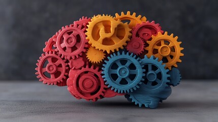 Human brain with colorful wooden gears connected in a dynamic flow, representing neurodiversity, individuality, and innovative problemsolving, vivid design, ultrasharp, 4K