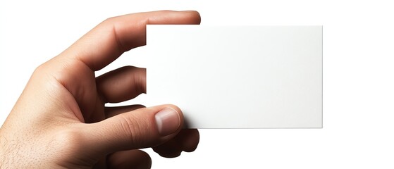 Obraz premium Human hand displaying a blank business card against a white, seamless backdrop, perfect for business mockups and graphic design, ultrasharp, 4K