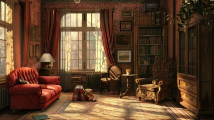 A digitally generated image of a cozy room with virtual furniture.