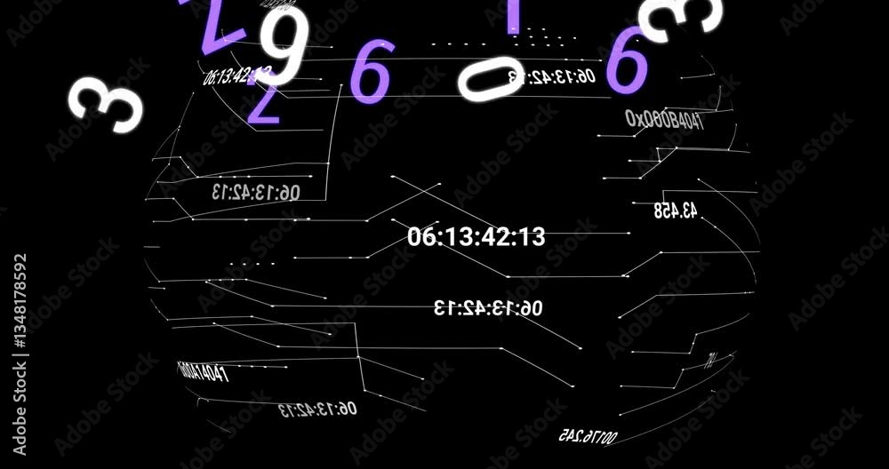 Poster rotating numbers and digital clock animation over black background with white lines