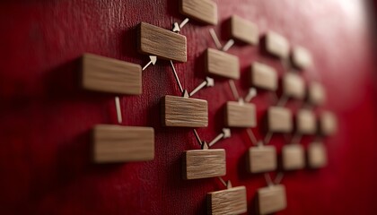 Red background with wooden labels, showcasing business hierarchy and employee career path in a detailed organizational chart structure, professional design, ultrasharp, 8K