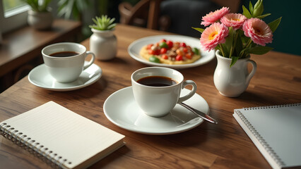 A cozy workday food table with quick meals and coffee. A plant and fresh flowers create a productive and inviting setup for office work.