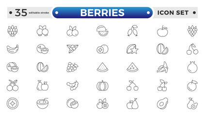 Berry and berries elements minimal thin line web icon set. Berries collection of vector Strawberry, cherry, raspberry, and blueberry outline icon set. Editable stroke outline icon. 
