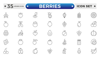 Berry and berries elements minimal thin line web icon set. Berries collection of vector Strawberry, cherry, raspberry, and blueberry outline icon set. Editable stroke outline icon. 
