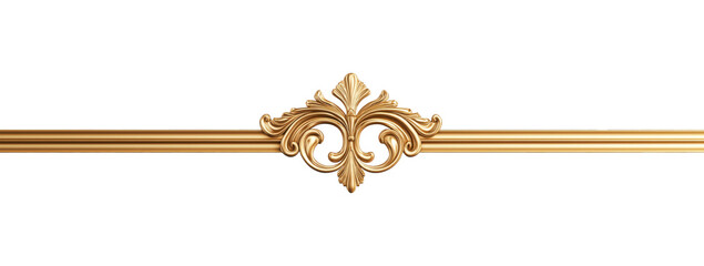 Elegant horizontal golden decorative bar with a delicate flower in the center, isolated on a transparent background