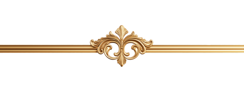 Elegant horizontal golden decorative bar with a delicate flower in the center, isolated on a transparent background
