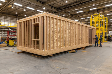 Wooden modular home construction inside industrial factory with workers assembling structure