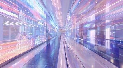 A digitally generated image of a futuristic shopping mall with virtual storefronts.