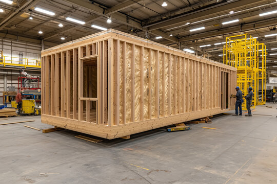 Wooden modular home construction inside industrial factory
