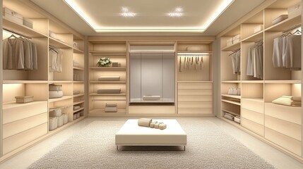 Spacious Walk-in Closet with Wood Shelving and a Fluffy Rug