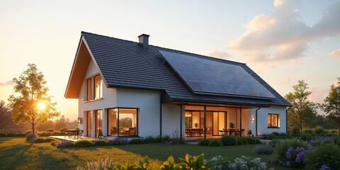 Close-up of new suburban house with a photovoltaic system on the roof. Modern eco friendly passive house with solar panels on the gable roof, with sunlight in the morning vibes.