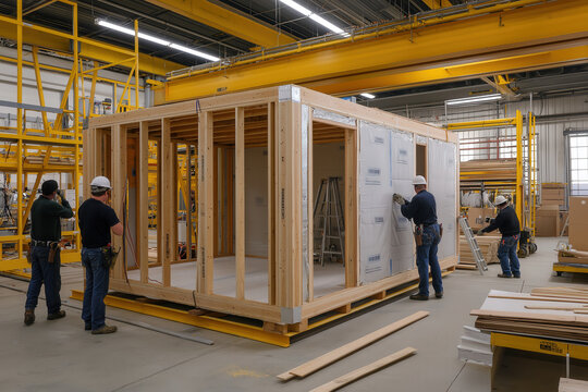 Construction workers assembling modular wooden home in factory
