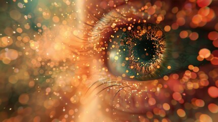A digitally generated image of an eye surrounded by floating data points.
