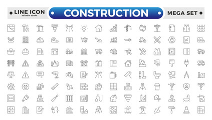 Construction outline icon collection set. Containing building, project, skyscraper, crane, build, equipment, prepared icon. Editable stroke outline icon. 
