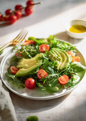 Fresh Mixed Green Salad with Avocado, Tomatoes, and Olive Oil in Natural Light on White Plate
