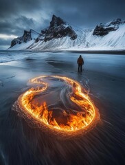 Fire on Icelandic Black Sand Beach
