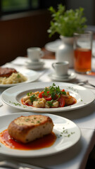 A professional restaurant food table with a main dish, sides, and a drink. Fine porcelain and fresh herbs create an elegant and refined dining experience.