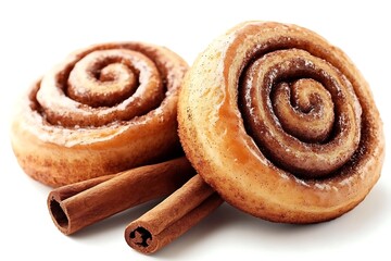 Fototapeta premium Sweet cinnamon rolls and sticks on white