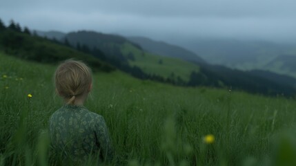 Fototapeta premium Child sits in a grassy meadow, gazing at a misty mountain range