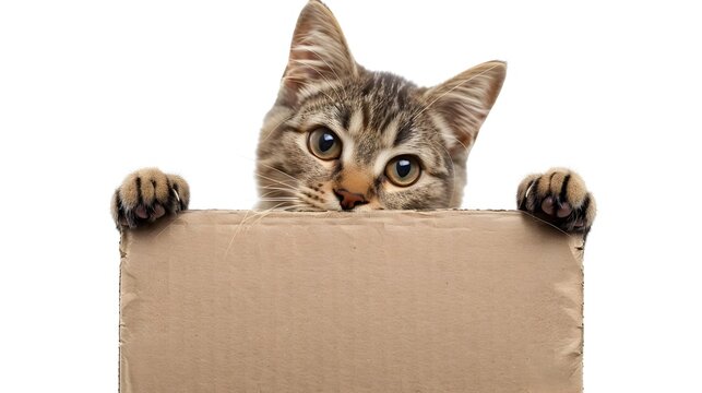 Cute Pixie-bob Cat Holding Cardboard Sign With Attentive Expression Against White Background