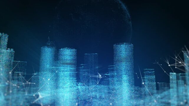 world digital connect technology night city skyline