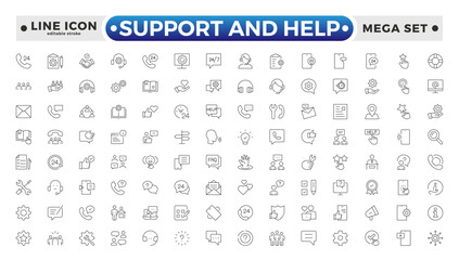 Customer service icon set. Support and Help outline icon set. Containing customer satisfied, assistance, experience, feedback, operator and technical support icons. Editable stroke outline icon. 
