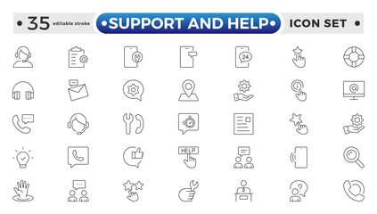 Customer service icon set. Support and Help outline icon set. Containing customer satisfied, assistance, experience, feedback, operator and technical support icons. Editable stroke outline icon. 
