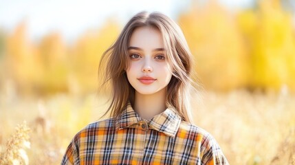 Naklejka premium Teenage girl in autumnal field, natural beauty