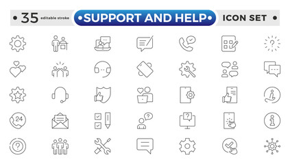 Customer service icon set. Support and Help outline icon set. Containing customer satisfied, assistance, experience, feedback, operator and technical support icons. Editable stroke outline icon. 
