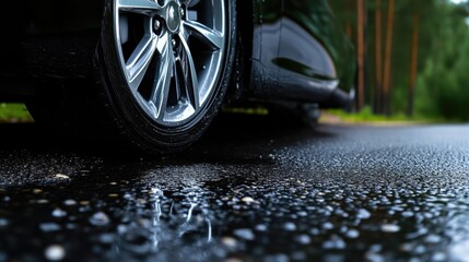 Rainy day car on asphalt.  Close-up view of a dark-colored car's wet wheel and tire on a puddle-filled roadway