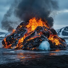 Fiery Volcanic Lava Flow in Iceland