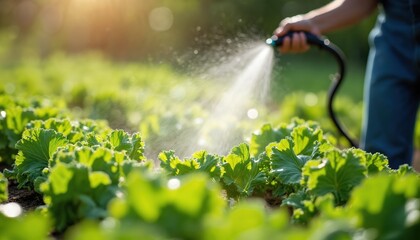 Farmer sprays water from hose in vegetable garden. Sprinkler irrigation of green plants. Gardening, farming, agriculture, cultivation concept. Watering plants in summer sunlight.