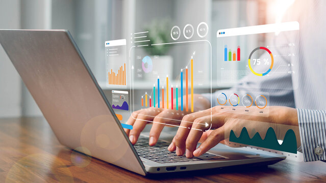 Financial business KPI System data analytics graph dashboard. Businessman using laptop and dashboard for business data analysis and data management system with KPI.  operations, sales, marketing 