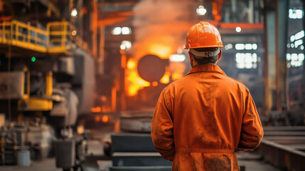 Industrial Worker in Orange Uniform Overseeing Molten Metal Processing at a Steel Plant with Heavy Machinery and Safety Equipment