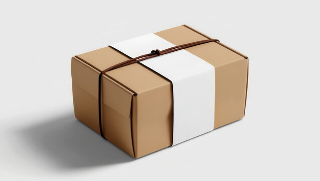 Brown parcel box with white stripes and tied with a string.