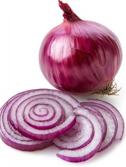 Red Onion and Slices on White Background Fresh Ingredient