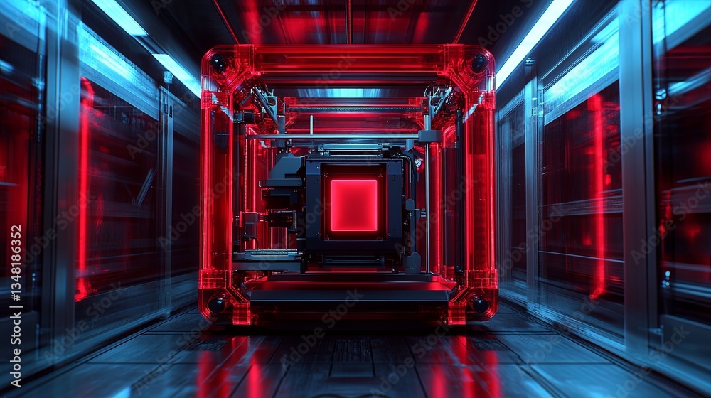 Poster exploring a futuristic glowing red tech structure within a modern lab environment