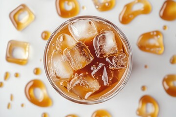 Iced tea in glass with ice cubes and spilled syrup