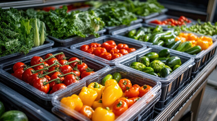 Obraz premium Shopping cart filled with fresh vegetables and fruits in a supermarket