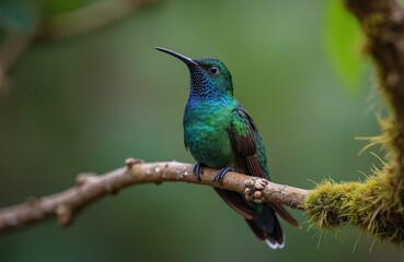 Fototapeta premium Hummingbird sitting on a branch in Costa Rica. Bird has green, blue, brown feathers. Wildlife photo of avian. Tropical animal sitting on branch. Nature birdwatching.