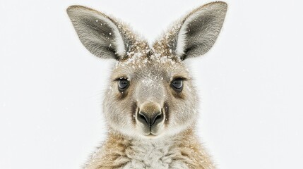 Fototapeta premium Kangaroo portrait. Snow covers its fur. White background. Close-up