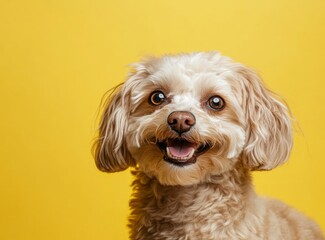 Happy Poodle Mix Dog Smiling on Yellow Background Portrait