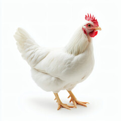 Fototapeta premium Isolated White Chicken with Red Crest Feathers Standing Alertly on White Background Detailed Poultry Portrait in Agriculture and Domestic Livestock Setting