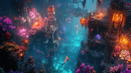 Fototapeta premium Submerged fantasy city with glowing coral and mermaids