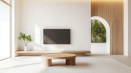 Minimalist Living Room with Wooden Accents and a View of Greenery