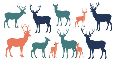 Fototapeta premium Deer flat style illustration. Graphic color silhouettes of wild deer.