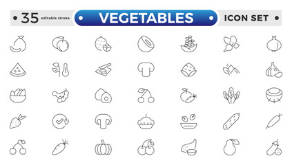 Vegetarian, vegetable, veggies outline icon set. Included the simple vector icons as tomato, cucumber, kohlrabi, cauliflower, pattypan squash, fiddleheads, daikon. Editable stroke outline icon. 

