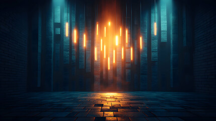 Fototapeta premium Dark, moody scene with warm orange lights hanging in a cool-toned brick room, creating a dramatic and atmospheric backdrop.